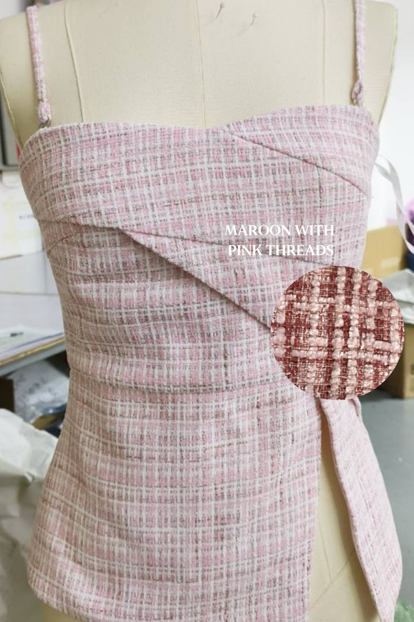 *PO: ETA MID AUG* Imelda V4 Padded Suede Tweed Side Slit Peplum Top in Maroon with Pink Threads