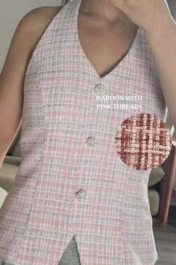 *PO: ETA MID AUG* Ava V3 Suede Tweed V-Neck Pearl Button Vest Top in Maroon with Pink Threads