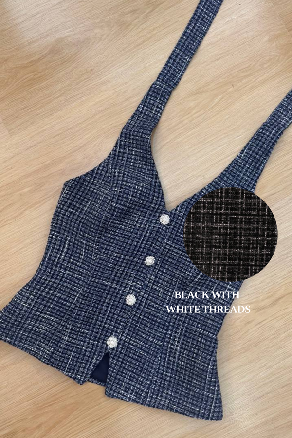 *PO: ETA MID AUG* Suva Suede Tweed Top in Black with White Threads