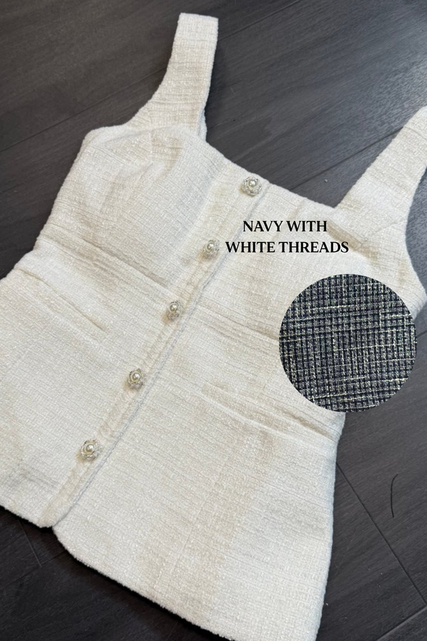 *PO: MID AUG* Gendis Tweed Top in Navy with White Threads