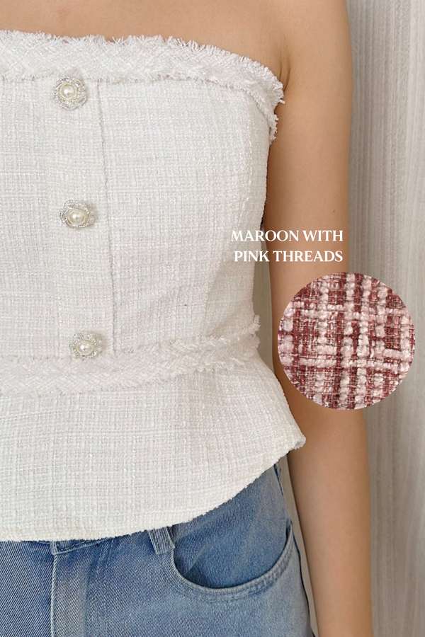 *PO: ETA MID AUG* Gemmy Suede Tweed Peplum Top in Maroon with Pink Threads