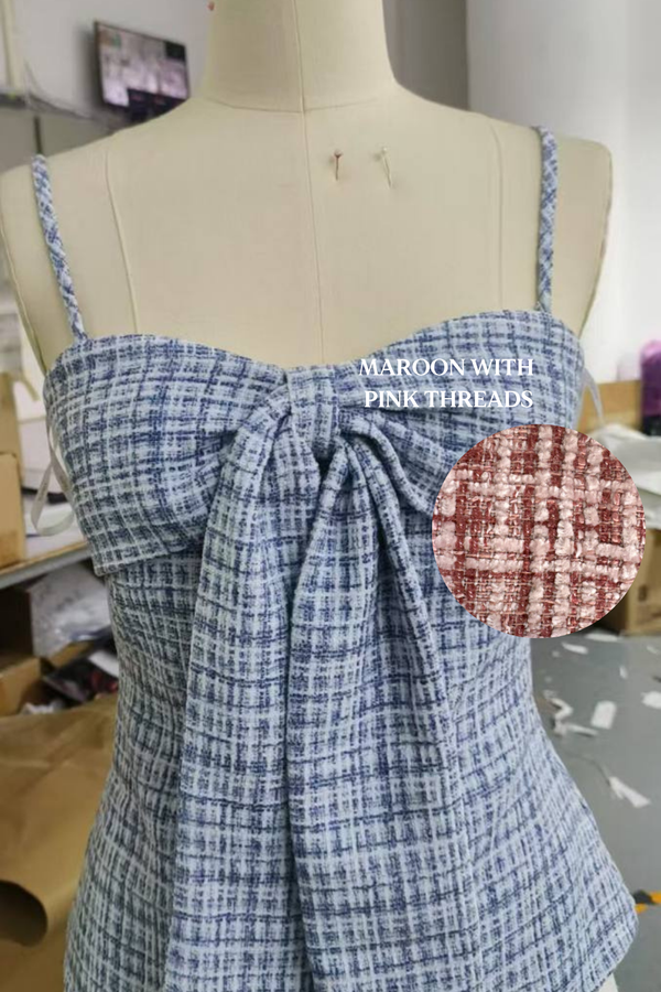 *PO: ETA MID AUG* Maya V2 Suede Tweed Ribbon Long Top in Maroon with Pink Threads