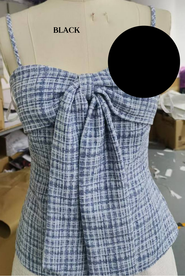 *PO: MID AUG* Maya V2 Suede Tweed Ribbon Long Top in Black with White