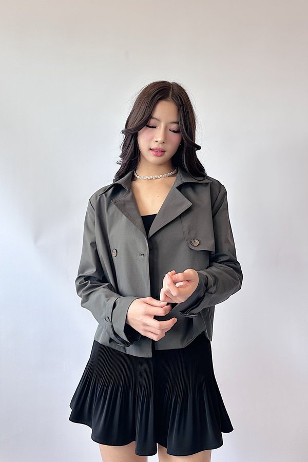Nira Cropped Trench Coat in Dark Grey