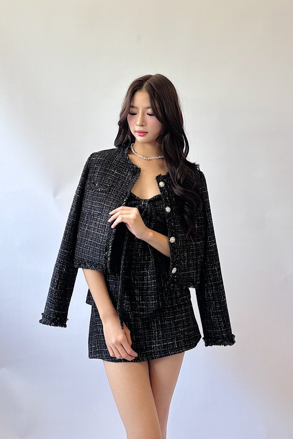 *PO: ETA END AUG* Gemmy Suede Tweed Crop Jacket in Black with White Threads