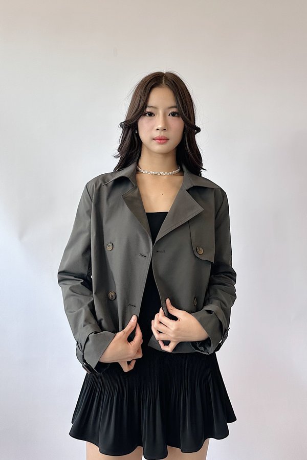 Nira Cropped Trench Coat in Dark Grey