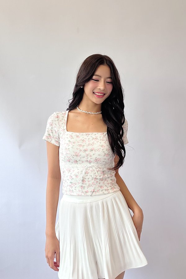 (BARE/BASIC) *Limited Edition* Elsa V2 Lace Ribbon Sleeved Top in Pink Printed Floral