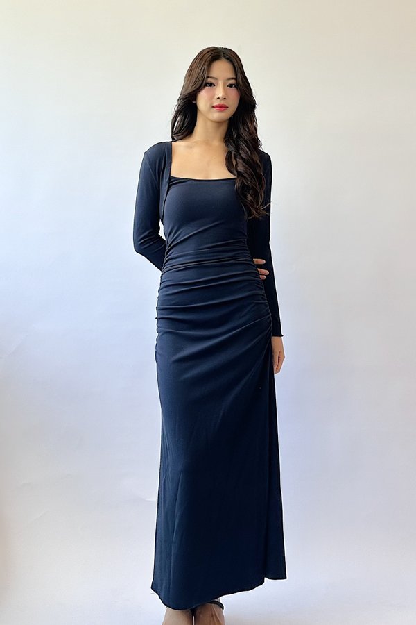 *PO: ETA MID SEPT* (BARE/MOCHI) Yeoshin Multiway Ruched Midi Dress with Bolero Cardigan