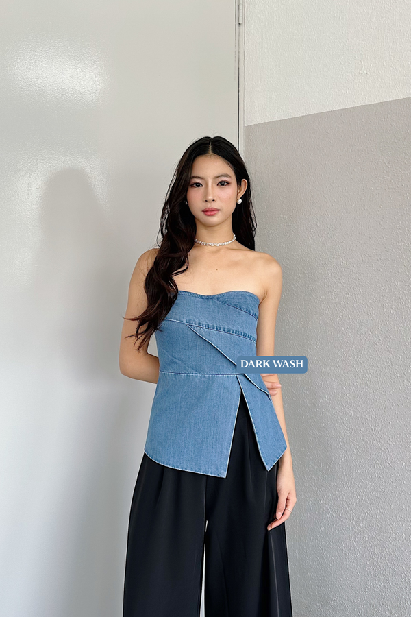 Imelda Padded Side Slit Peplum Denim Top