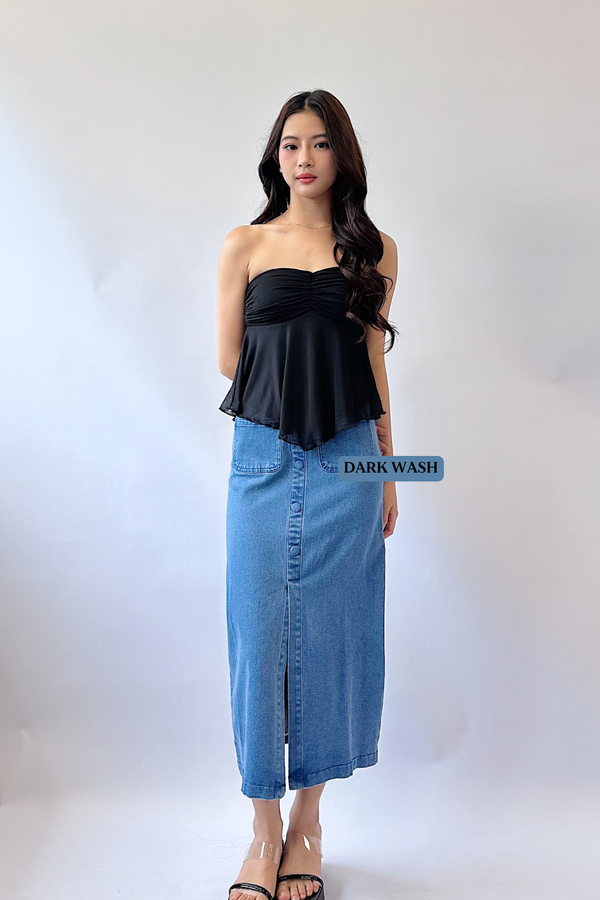 Reina Faux Button Denim Midi Skirt