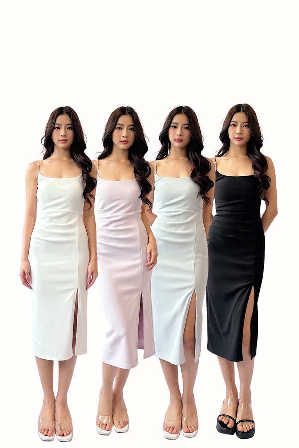 Bliss Pearl Strap Side Ruched Midi Dress