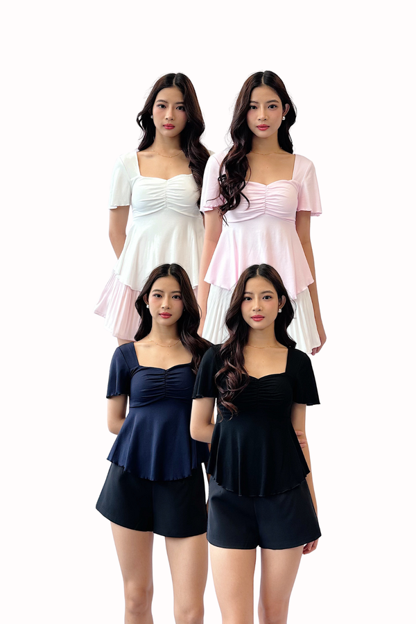 (BARE/BASIC) Liara Ruched Babydoll Sleeved Top