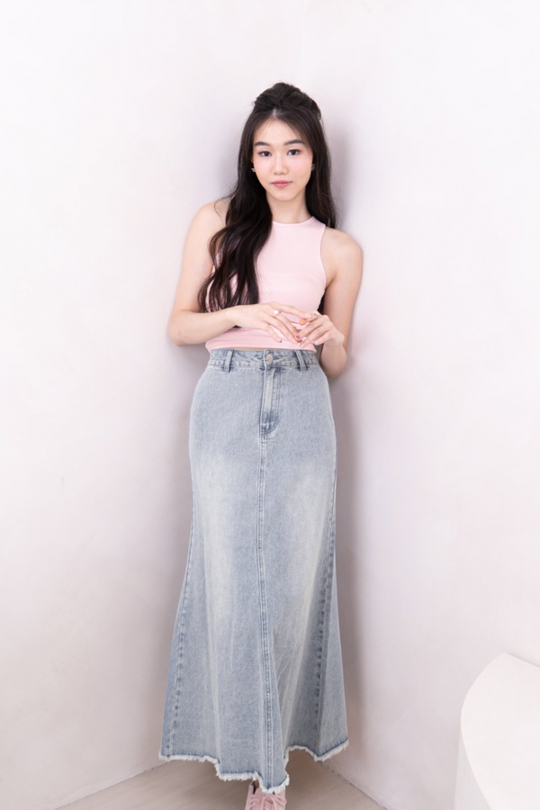 *Petite* Mira Denim Maxi Skirt with Chain Belt in Light Wash