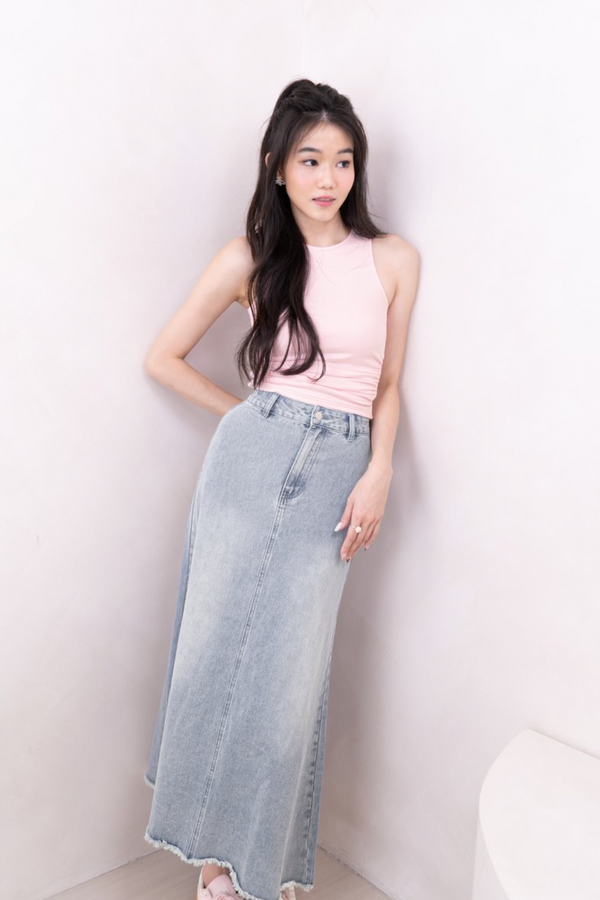 *Petite* Mira Denim Maxi Skirt with Chain Belt in Light Wash