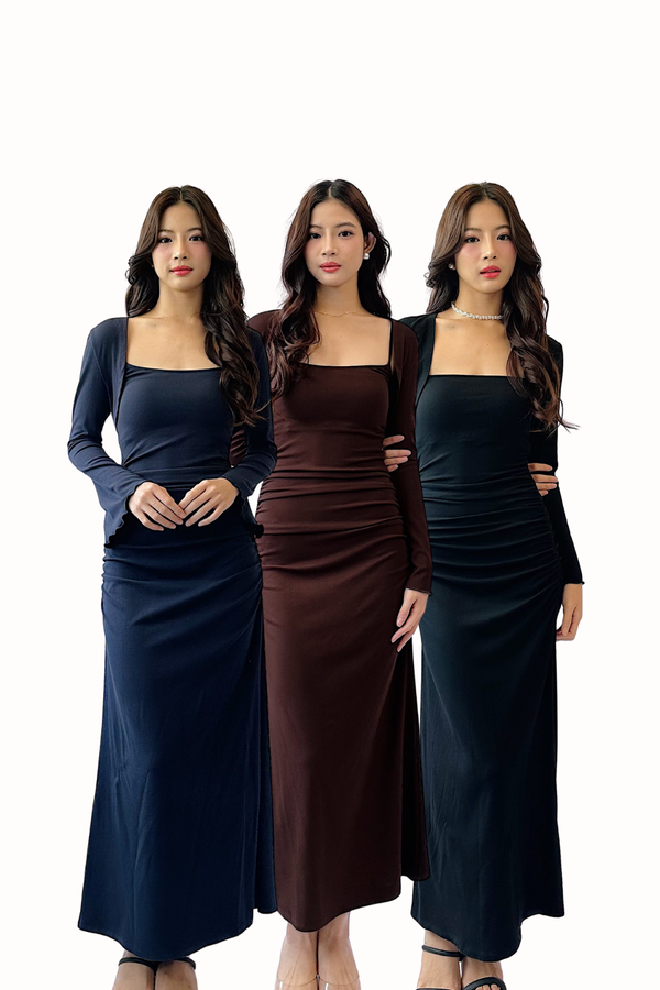 (BARE/MOCHI) Yeoshin Multiway Ruched Midi Dress with Bolero Cardigan