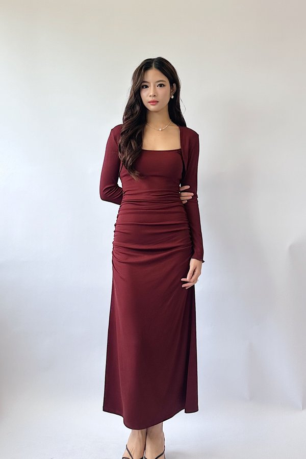 (BARE/MOCHI) Yeoshin Multiway Ruched Midi Dress with Bolero Cardigan