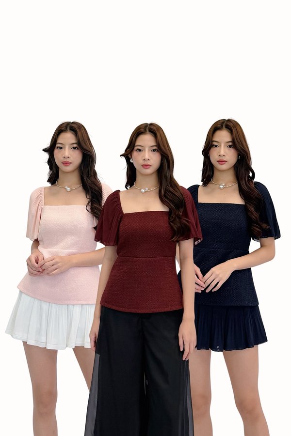 Lucia Tweed Longline Pleated Mesh Sleeve Top