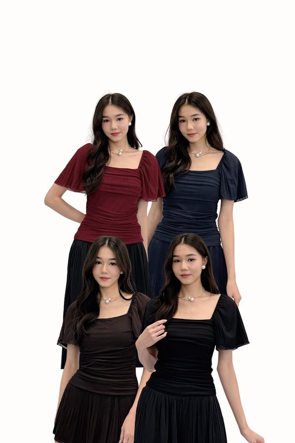 (PREMIUM ICE MESH) Meline Mesh Ruched Pleated Sleeve Top