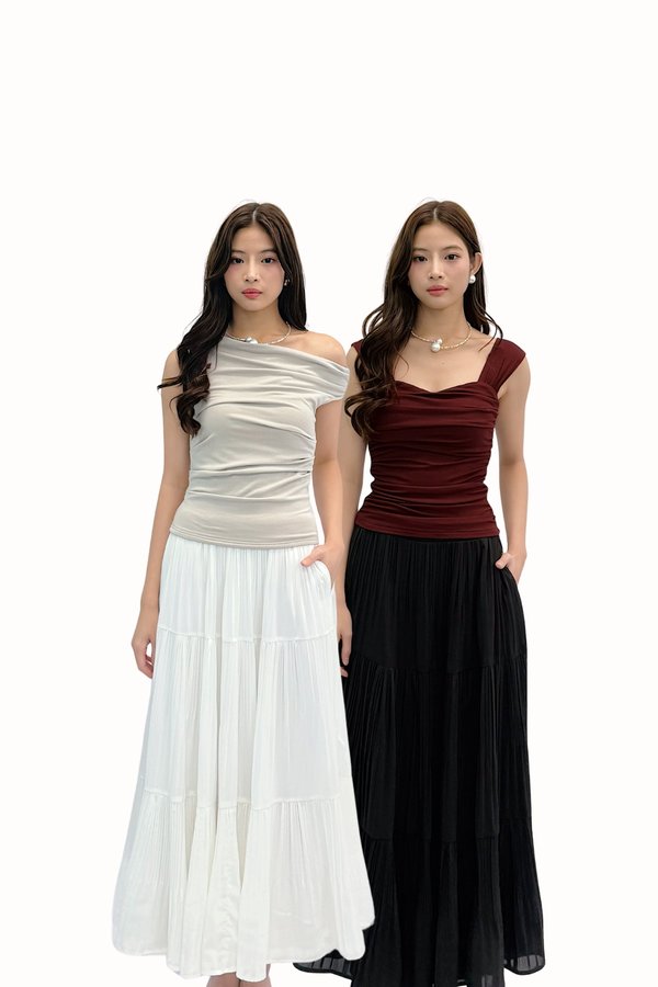 (PREMIUM PLEATS) Tiana Tiered Pleated Midi Skirt