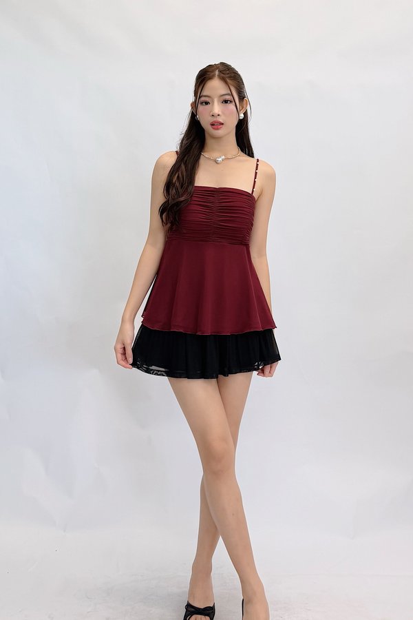 *PREORDER* (PREMIUM ICE MESH) Vani Ruched Babydoll Pearl Strap Top