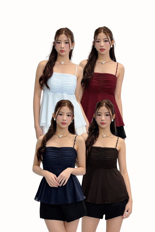 *PREORDER* (PREMIUM ICE MESH) Vani Ruched Babydoll Pearl Strap Top