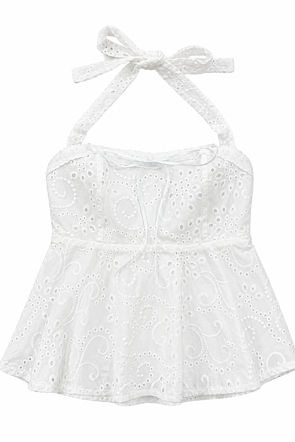 *PREORDER* Ori Self Tie Cotton Eyelet Halter Top