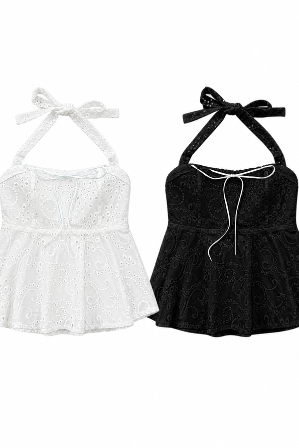 *PREORDER* Ori Self Tie Cotton Eyelet Halter Top