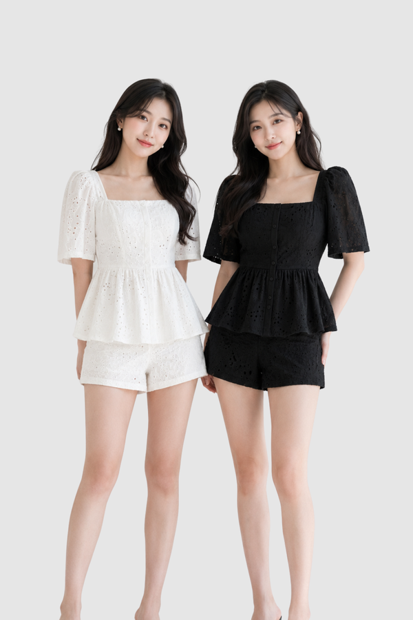 Coco Faux Button Eyelet Cotton Babydoll Sleeve Top