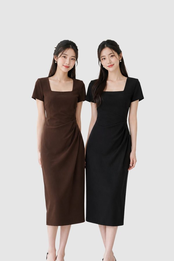 Emery Ruched Midi Sleeve Dress