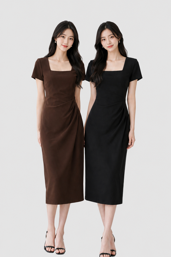 Emery Ruched Midi Sleeve Dress