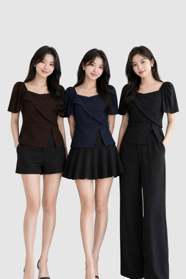 (PREMIUM/BARE) Imelda Side Slit Peplum Sleeve Top