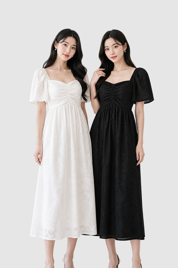 Lumi Babydoll Floral Lace Sleeved Midaxi Dress