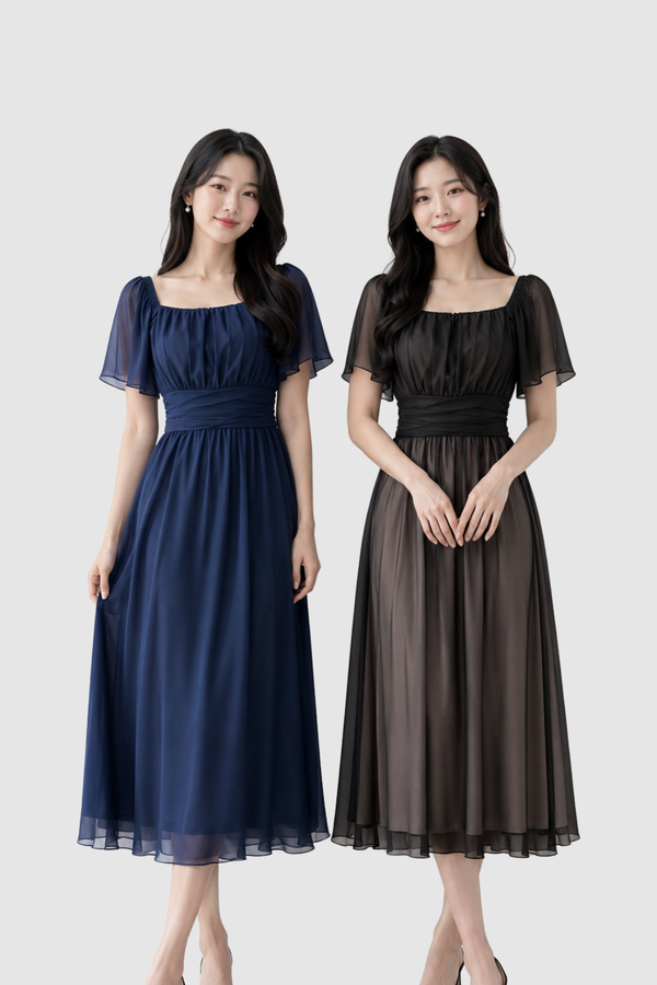 Qira Tencel Chiffon Ruched Sleeve Maxi Dress