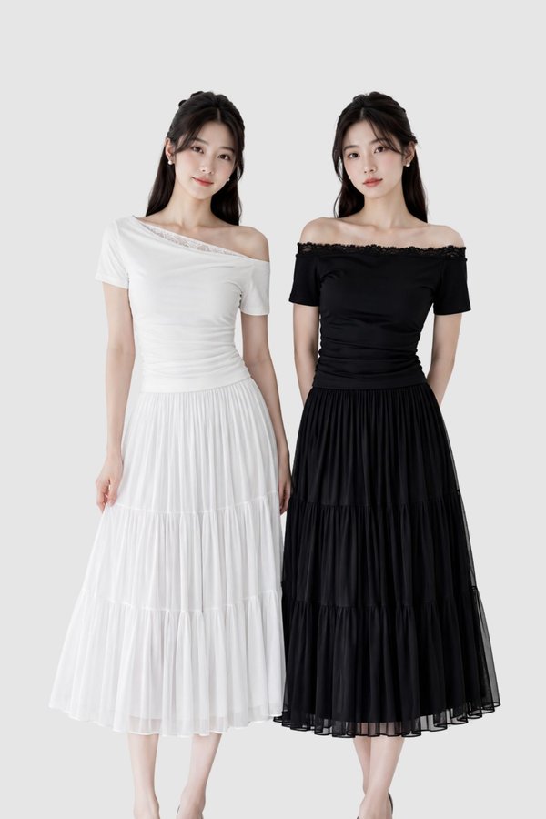 (PREMIUM ICE MESH) Tiana Tiered Pleated Midi Skirt