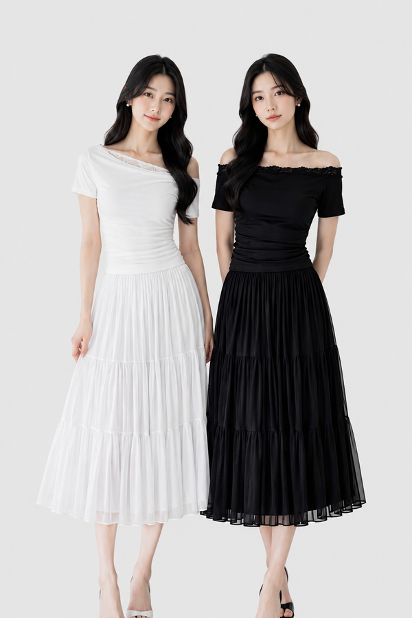 (PREMIUM ICE MESH) Tiana Tiered Pleated Midi Skirt