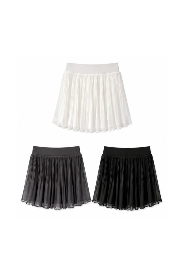 (PREMIUM ICE MESH) Tiana Micro Pleated Ruffles Mesh Skorts in White & Black