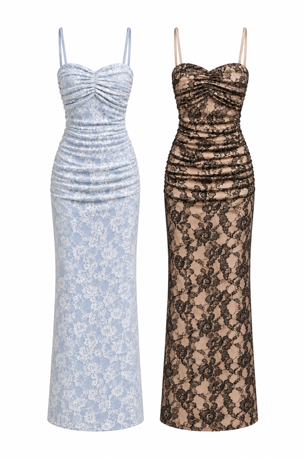 *PREORDER* Noelle Ruched Lace Midi Dress