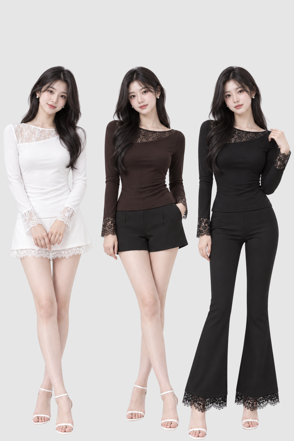 *PREORDER* (BARE/TENCEL) Kaira Asymmetrical Lace Long Sleeve Top