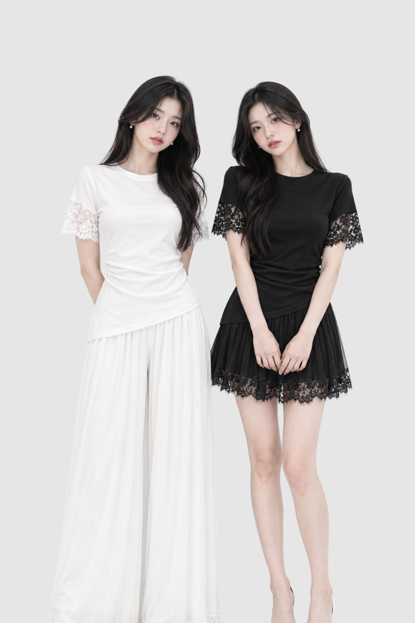 *PREORDER* (AIR/MALLOW) Helaine Asymmetrical Lace Hem Top