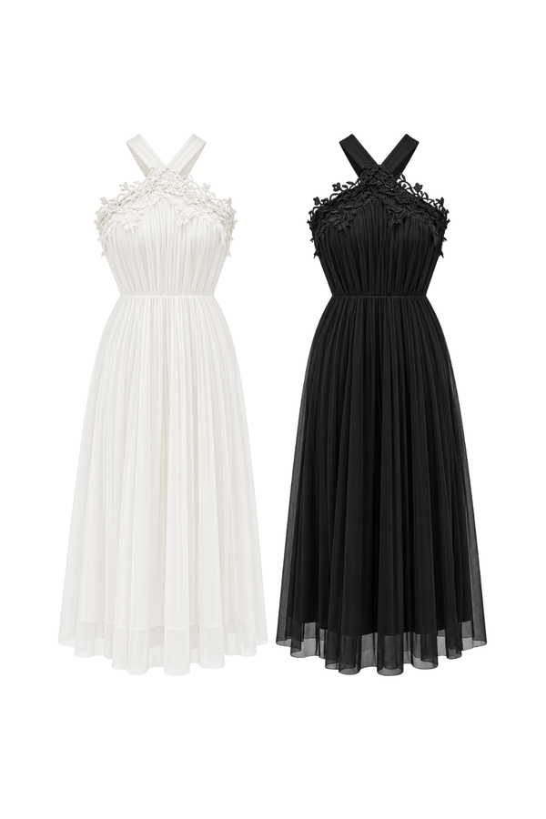 (PREMIUM ICE MESH) Seraphine Embroidered Halter Midi Dress