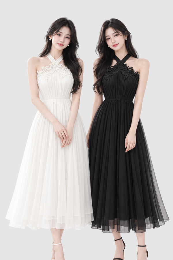 (PREMIUM ICE MESH) Seraphine Embroidered Halter Midi Dress