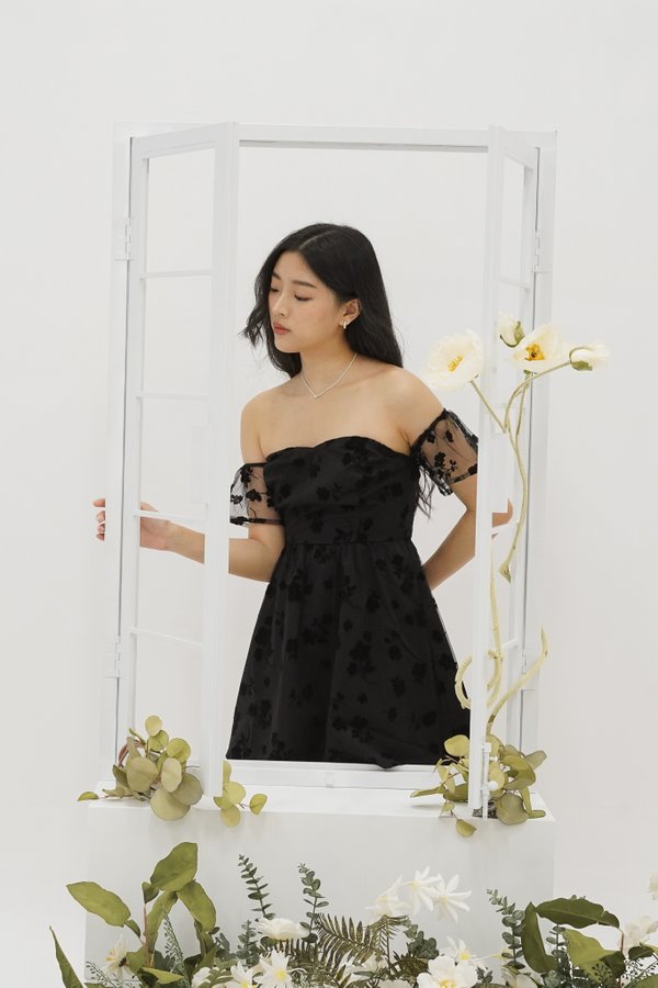 Freya Floral Off Shoulder Dress in Black