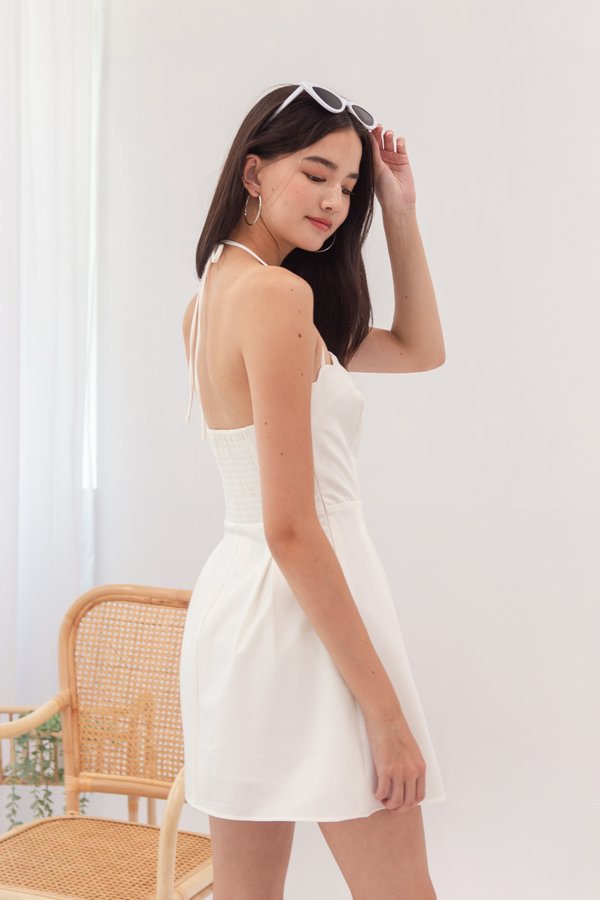 Natalia Scallop Halter Dress in White
