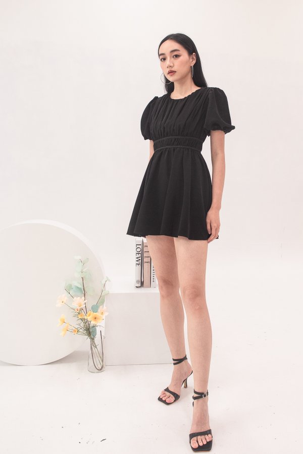 Astera Ruched Sleeve Bubble Dress in Black
