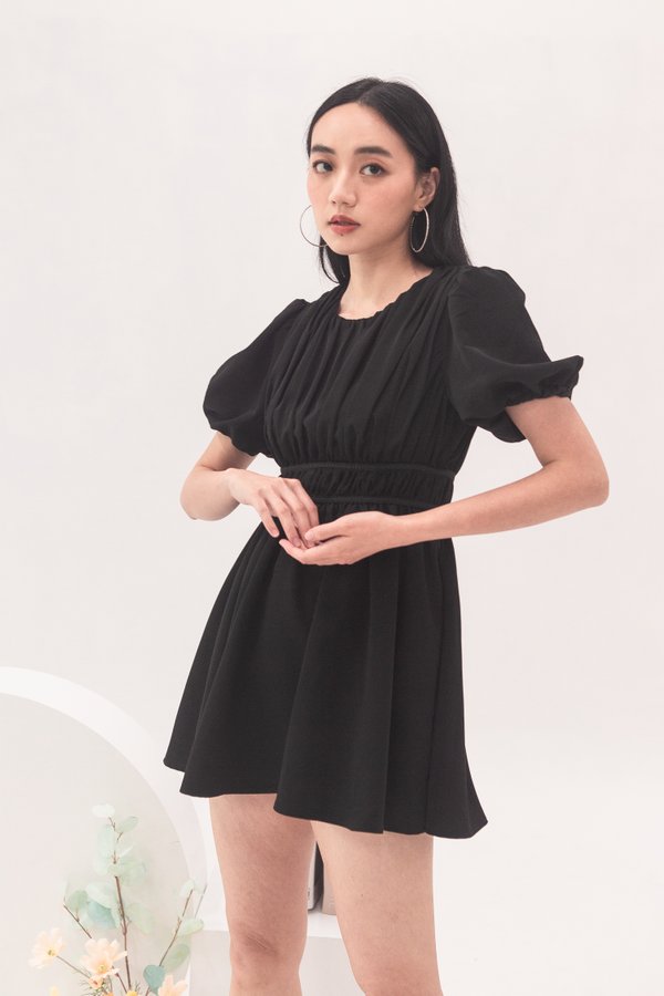 Astera Ruched Sleeve Bubble Dress in Black