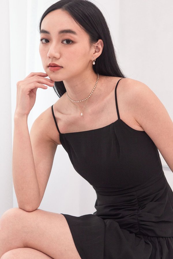 Jolie Ruched Mini Dress Romper in Black