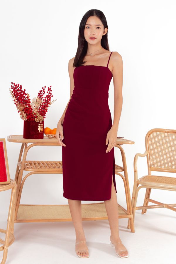 Gloria Ruched Midi Dress V2 in Maroon