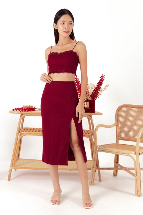 Levinia V2 Lace Midi Skirt in Wine Red