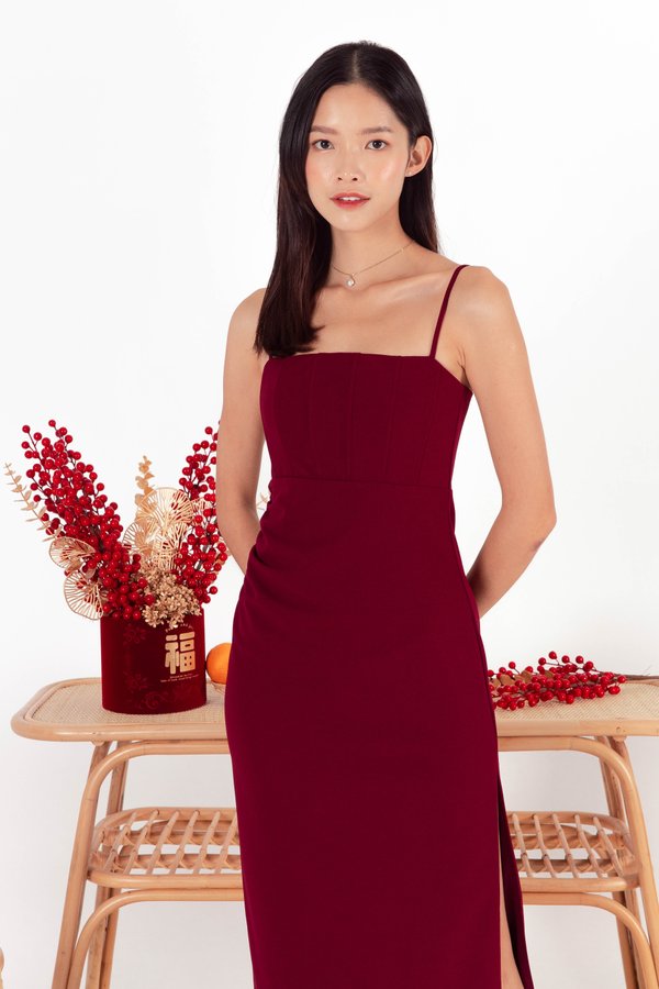 Gloria Ruched Midi Dress V2 in Maroon