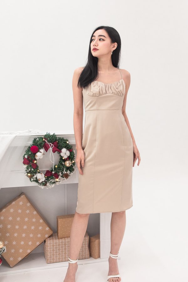 Aylin Satin Midi Dress in Champagne Beige